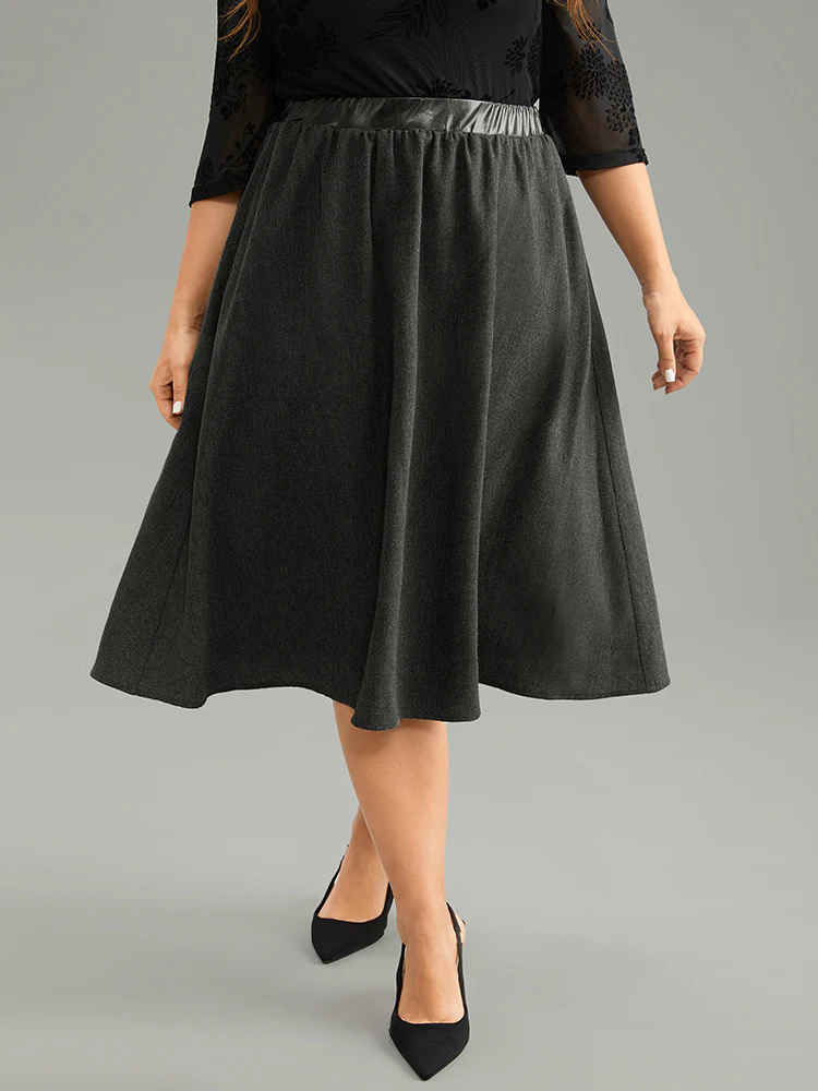 Solid PU Patchwork Pocket Elastic Waist Skirt - Image 6