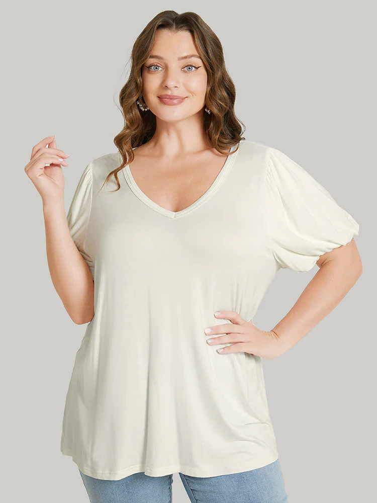 Solid Puff Sleeve V Neck T-shirt - Image 2