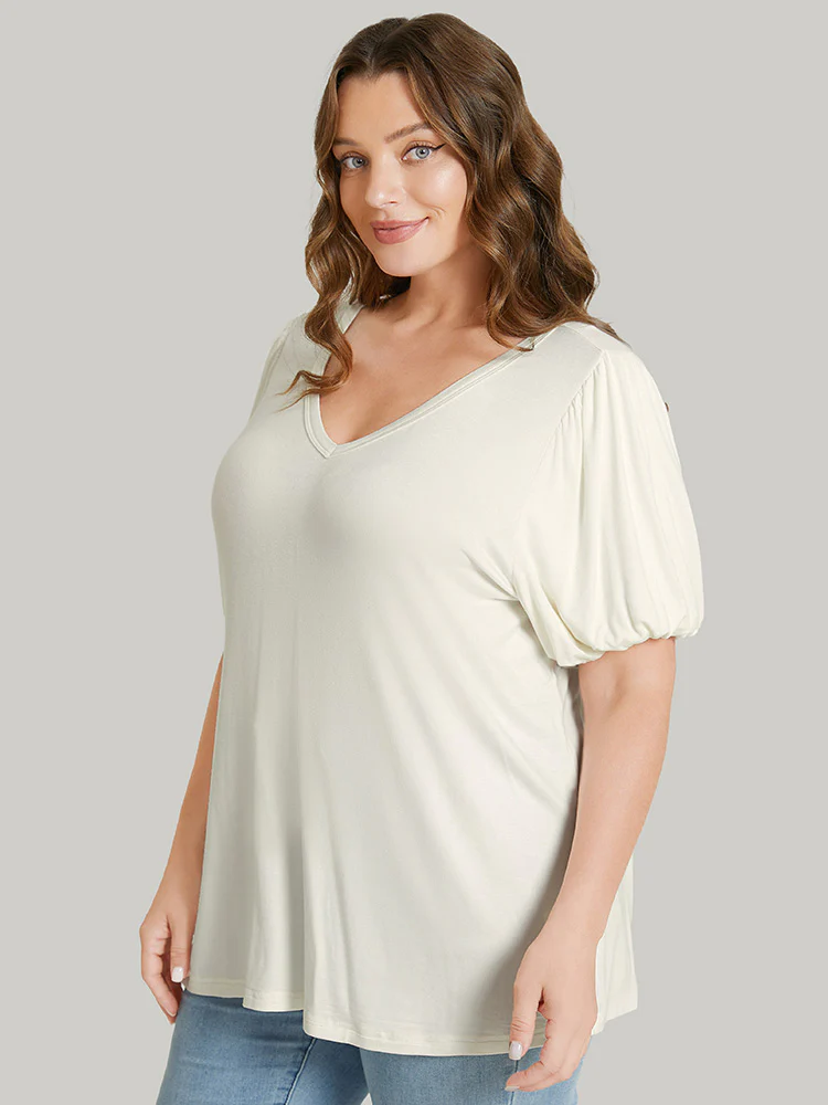 Solid Puff Sleeve V Neck T-shirt - Image 3