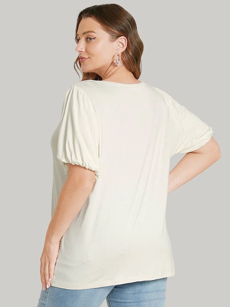 Solid Puff Sleeve V Neck T-shirt - Image 4