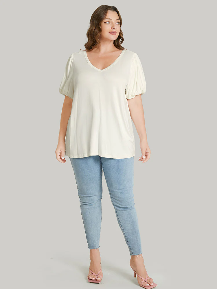 Solid Puff Sleeve V Neck T-shirt - Image 5