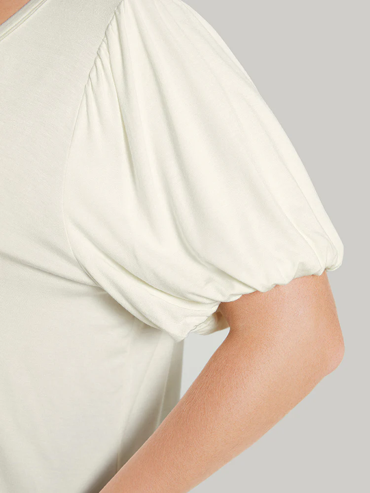 Solid Puff Sleeve V Neck T-shirt - Image 6