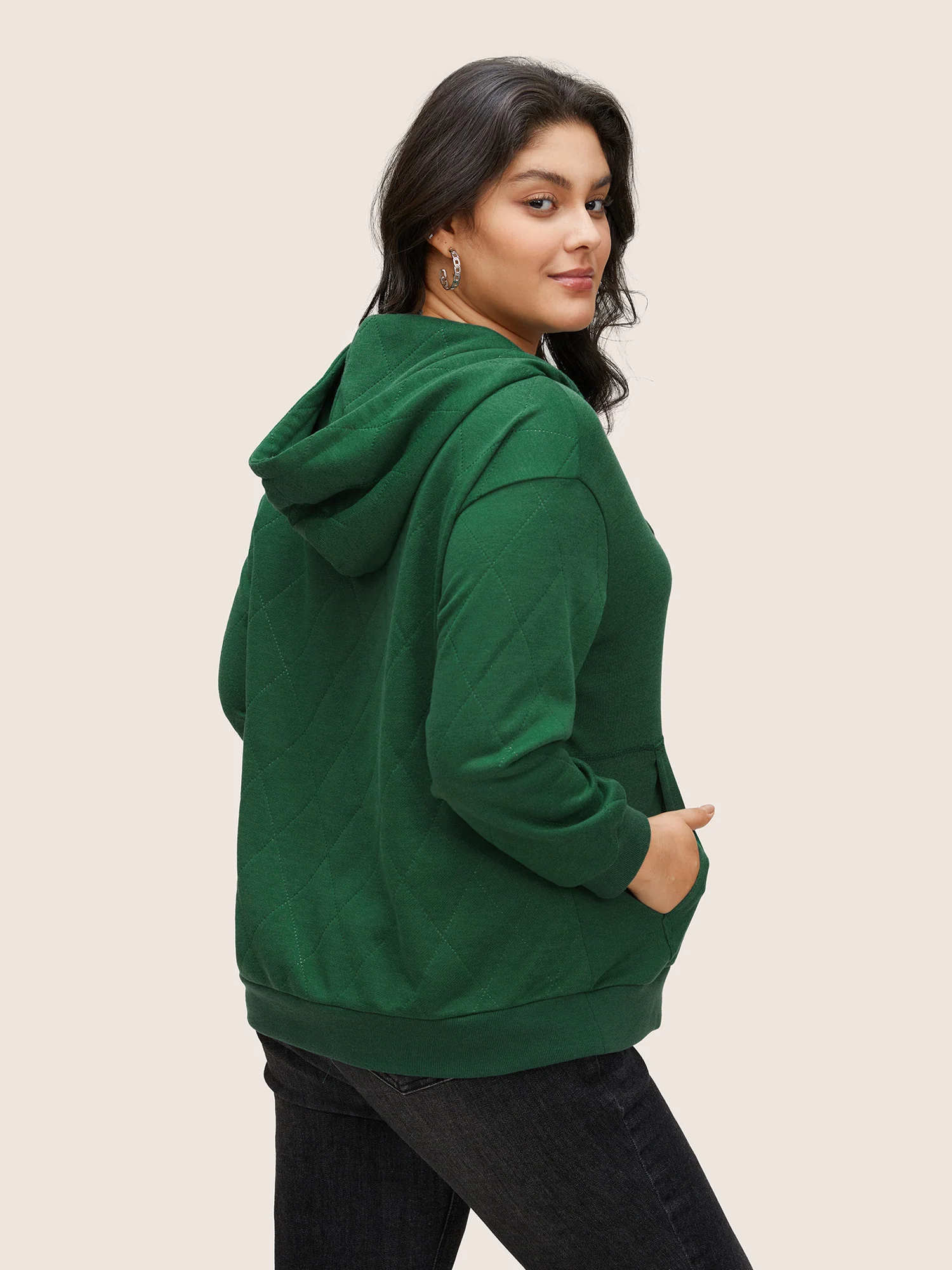 Solid Quilted Kangaroo Pocket Hooded Sweatshirt - Image 2