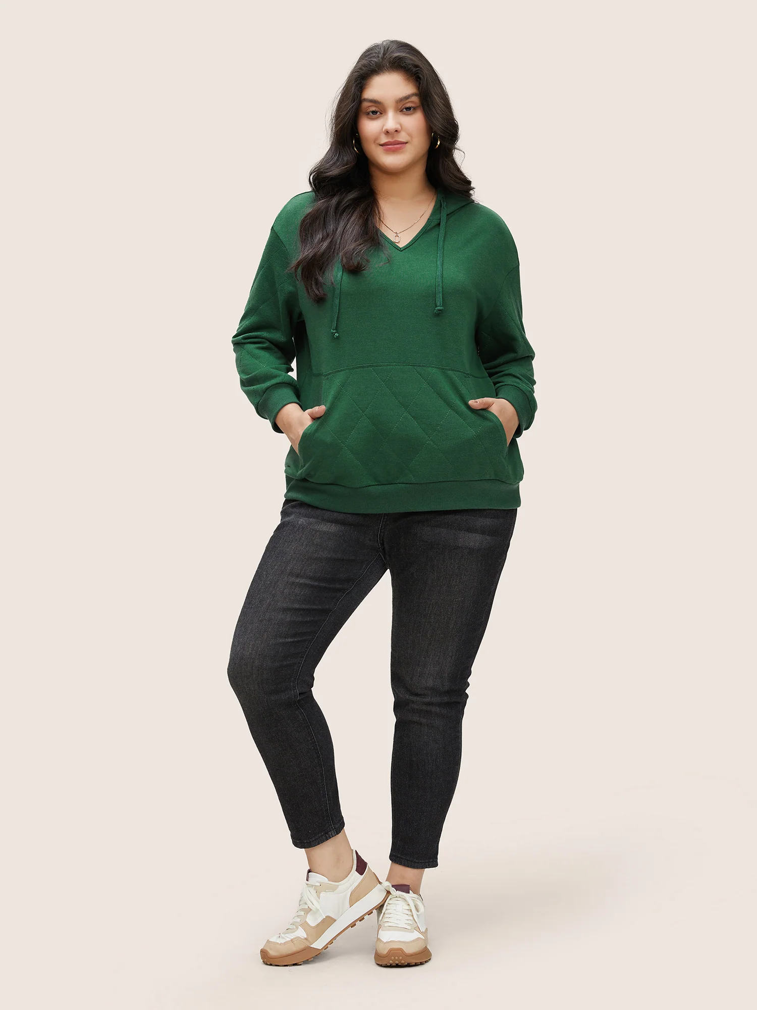 Solid Quilted Kangaroo Pocket Hooded Sweatshirt - Image 3