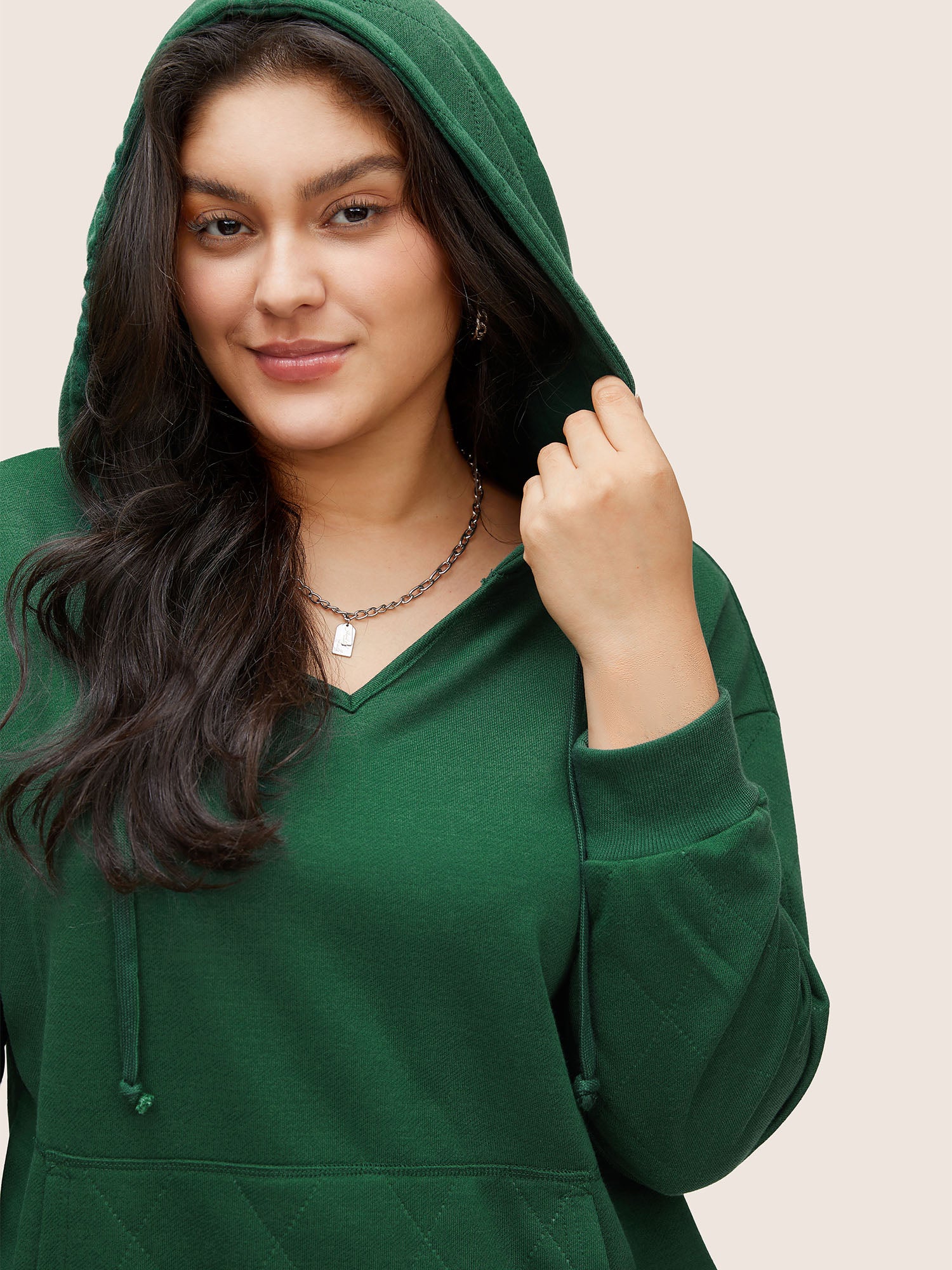 Solid Quilted Kangaroo Pocket Hooded Sweatshirt - Image 4
