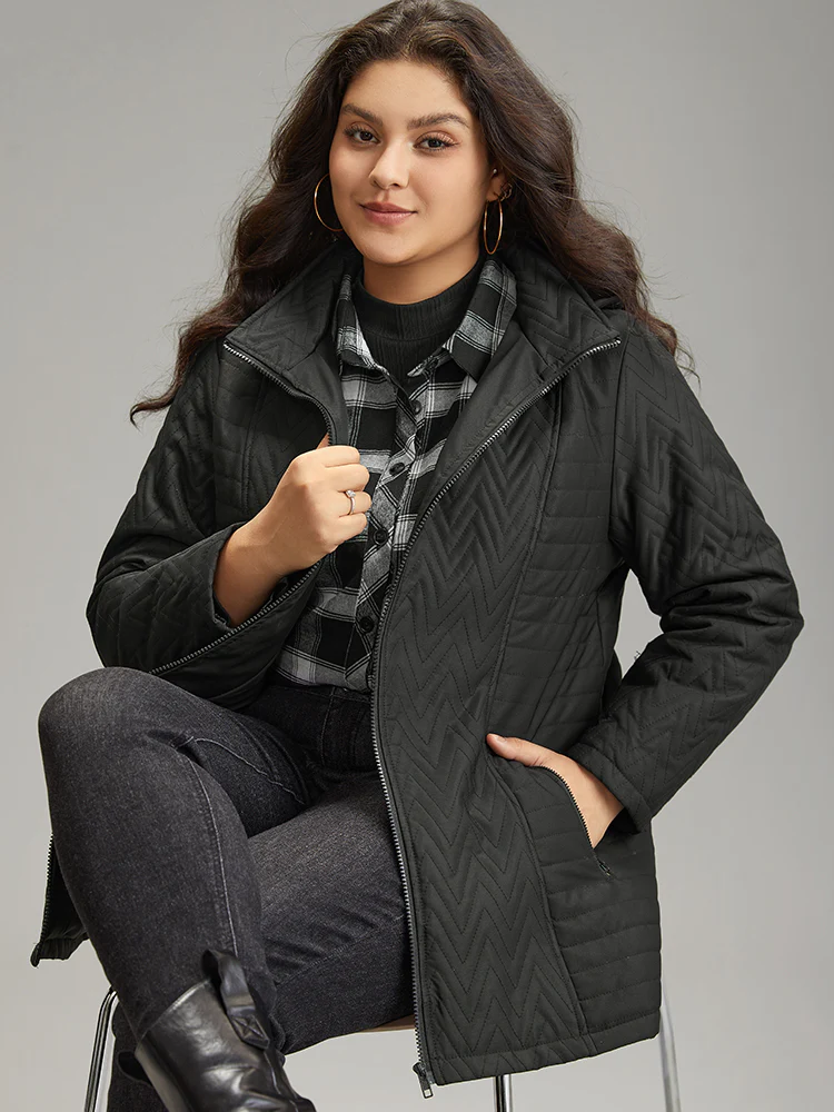 Solid Quilted Zipper Fly Hooded Cotton Jacket - Image 3