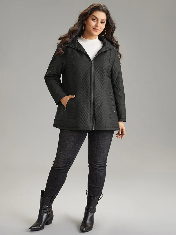 Solid Quilted Zipper Fly Hooded Cotton Jacket - Image 4