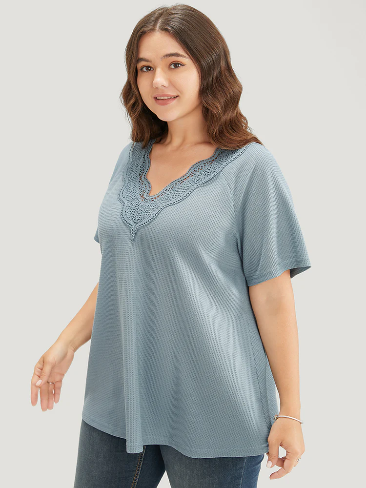 Solid Raglan Sleeve Contrast Lace Waffle Knit T-shirt - Image 4
