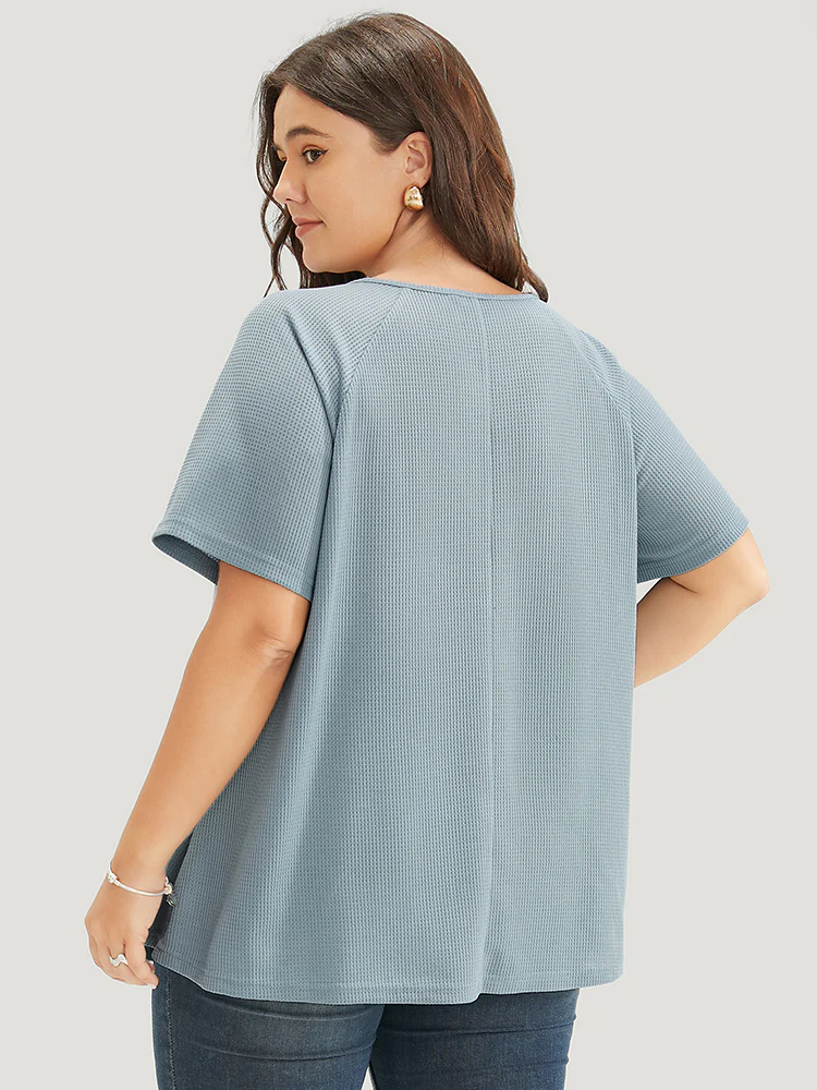 Solid Raglan Sleeve Contrast Lace Waffle Knit T-shirt - Image 5