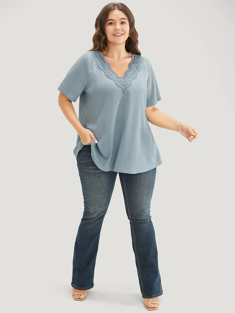 Solid Raglan Sleeve Contrast Lace Waffle Knit T-shirt - Image 6