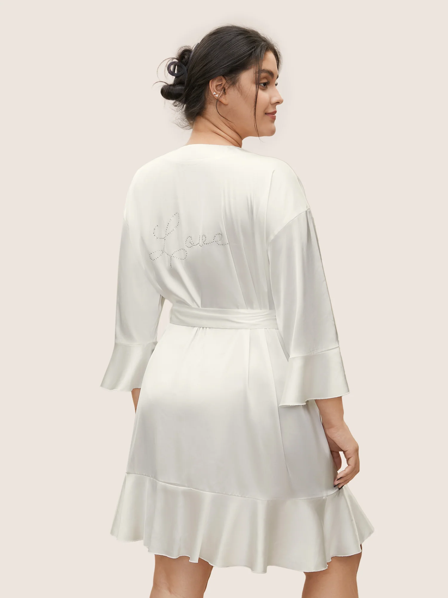 Solid Rhinestone Flutter Sleeve Belted Robe - Image 3