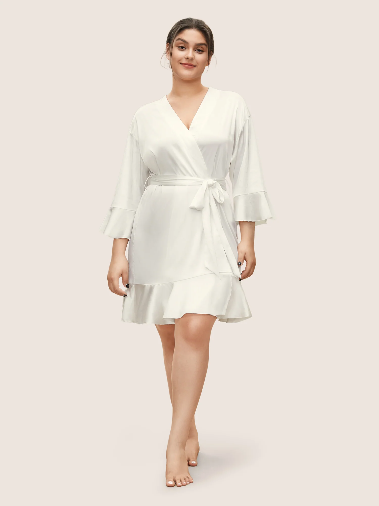 Solid Rhinestone Flutter Sleeve Belted Robe - Image 4