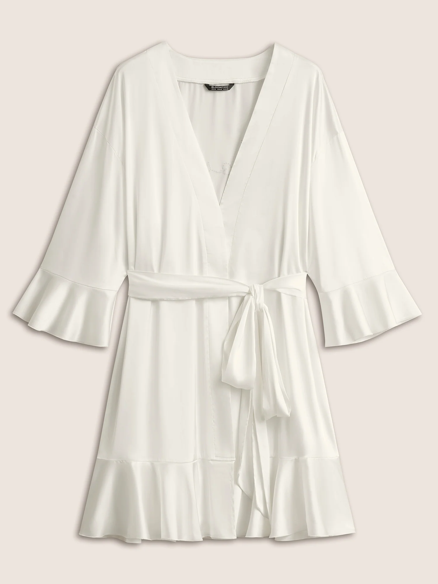 Solid Rhinestone Flutter Sleeve Belted Robe - Image 7