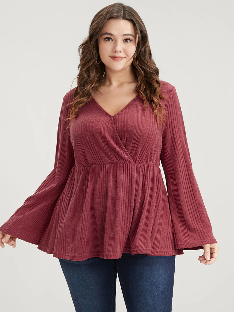 Solid Rib Knit Bell Sleeve Surplice Neck Long Tee