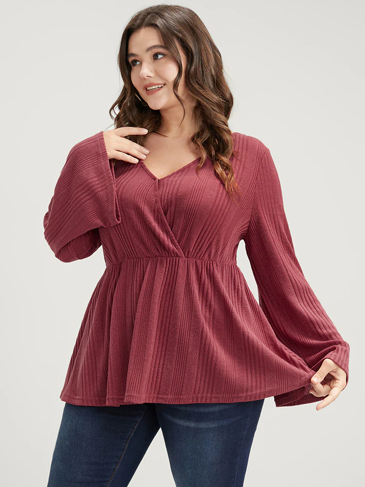 Solid Rib Knit Bell Sleeve Surplice Neck Long Tee - Image 2