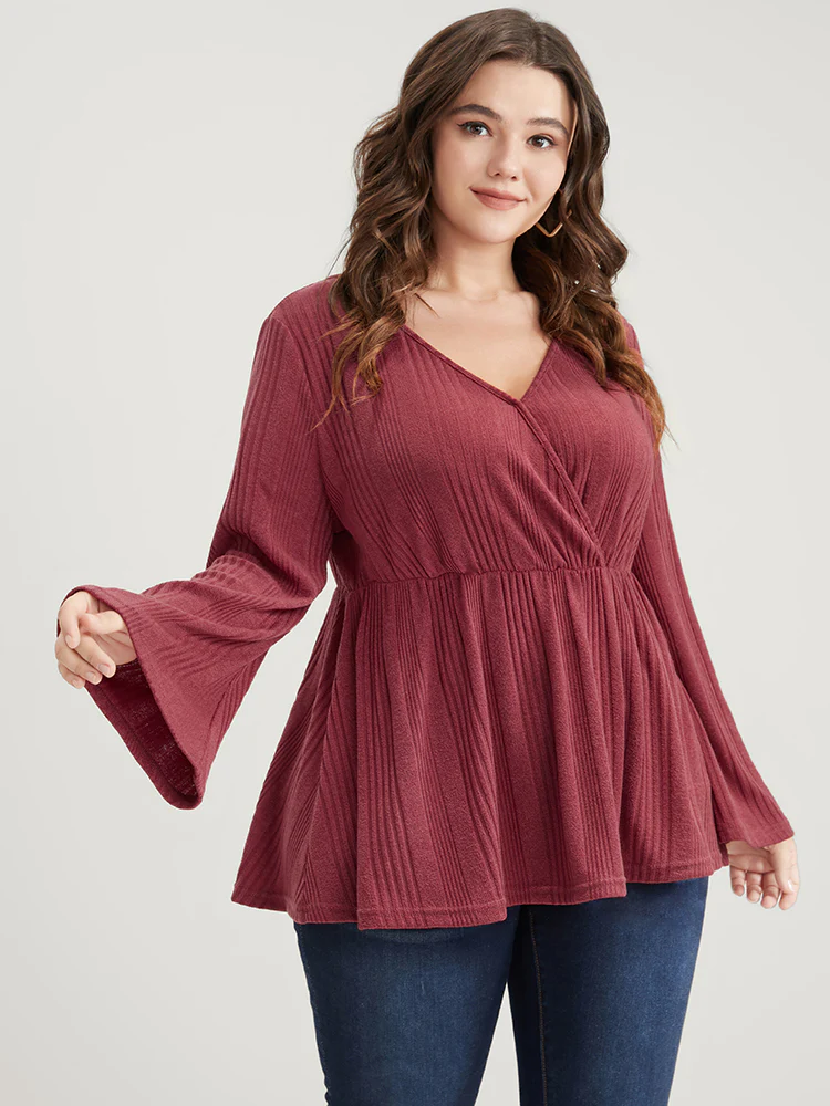 Solid Rib Knit Bell Sleeve Surplice Neck Long Tee - Image 3