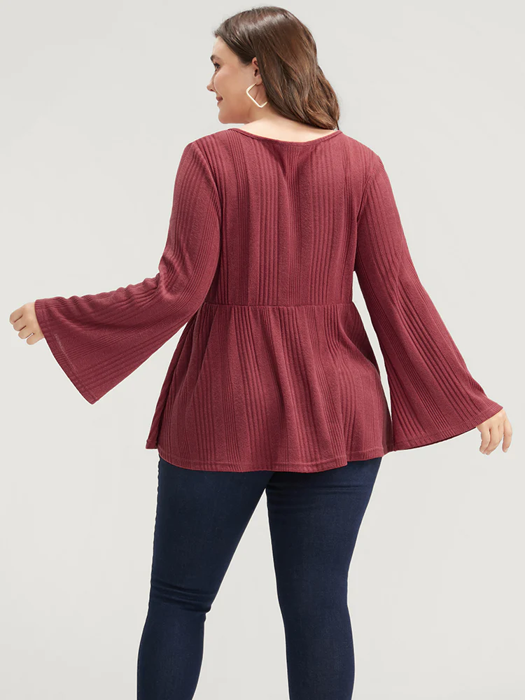 Solid Rib Knit Bell Sleeve Surplice Neck Long Tee - Image 4