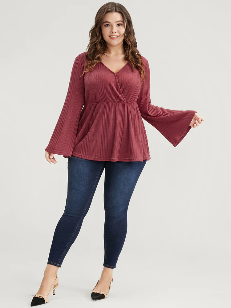 Solid Rib Knit Bell Sleeve Surplice Neck Long Tee - Image 5