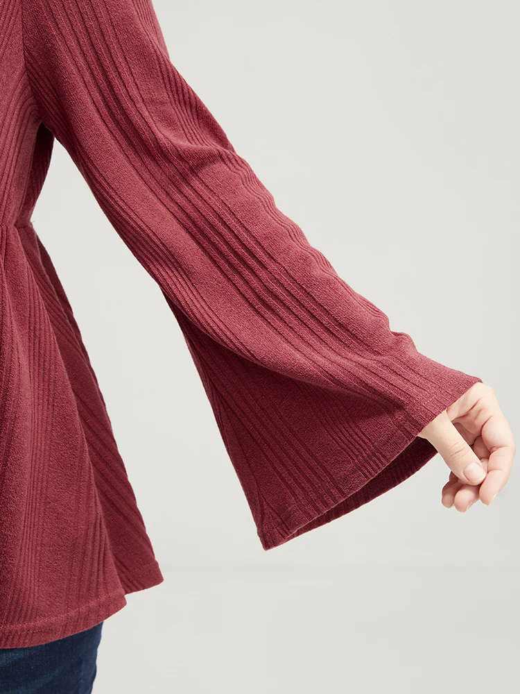 Solid Rib Knit Bell Sleeve Surplice Neck Long Tee - Image 6