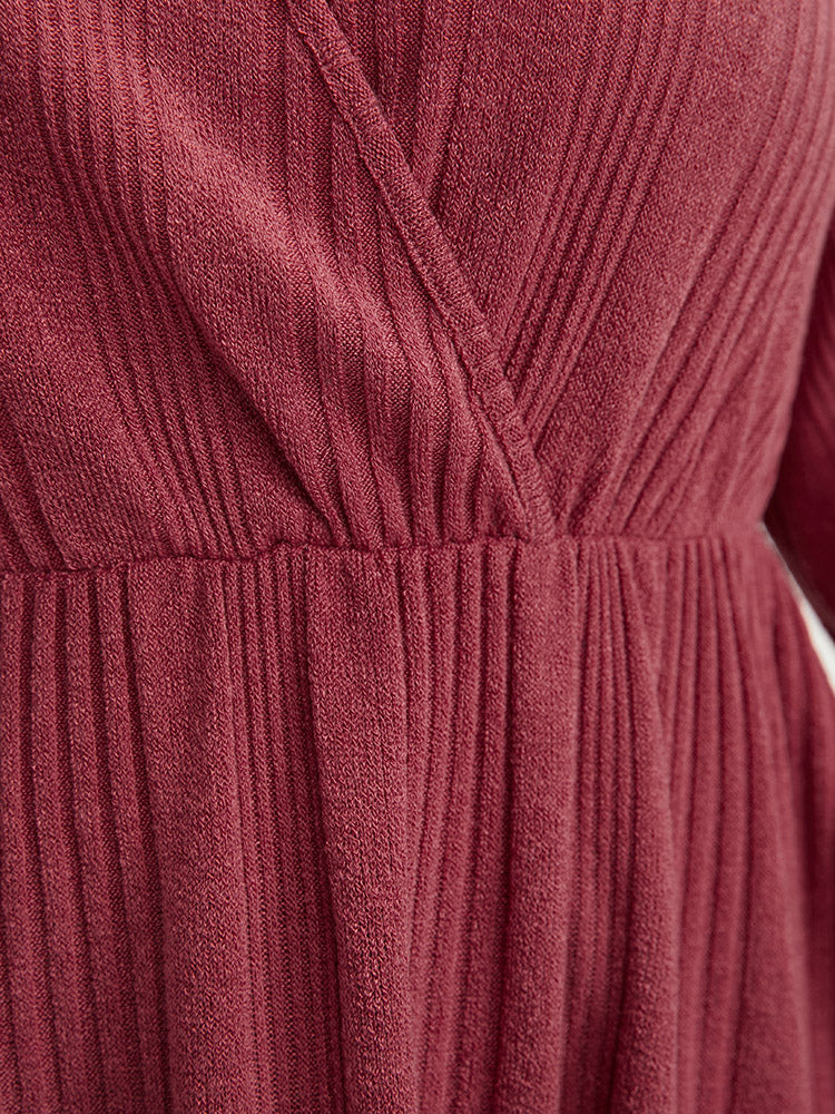 Solid Rib Knit Bell Sleeve Surplice Neck Long Tee - Image 7