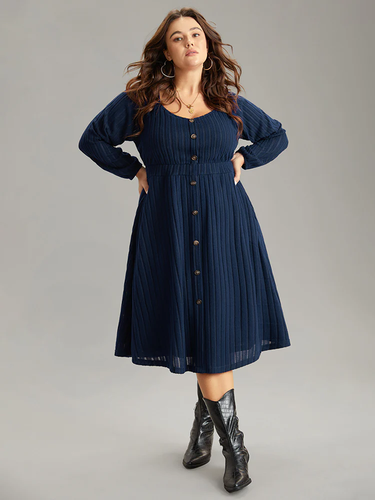 Solid Rib Knit Gathered Scoop Neck Dress - Image 2