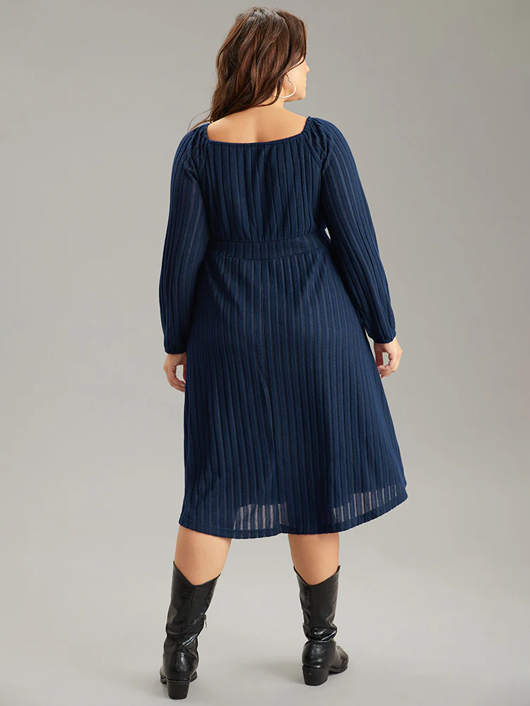 Solid Rib Knit Gathered Scoop Neck Dress - Image 3