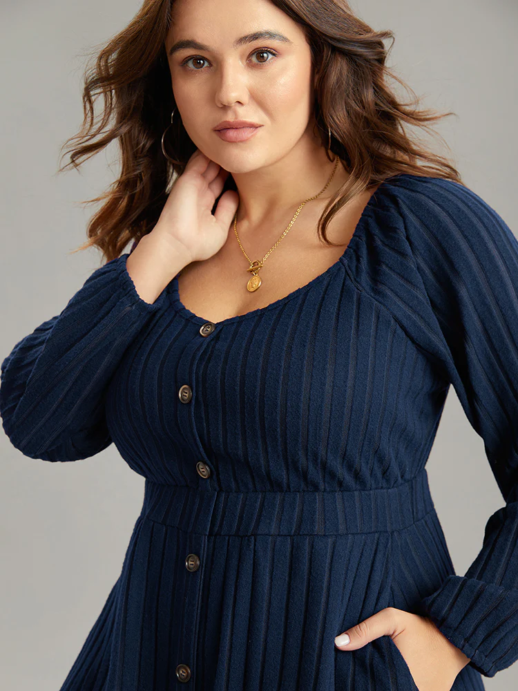Solid Rib Knit Gathered Scoop Neck Dress - Image 4