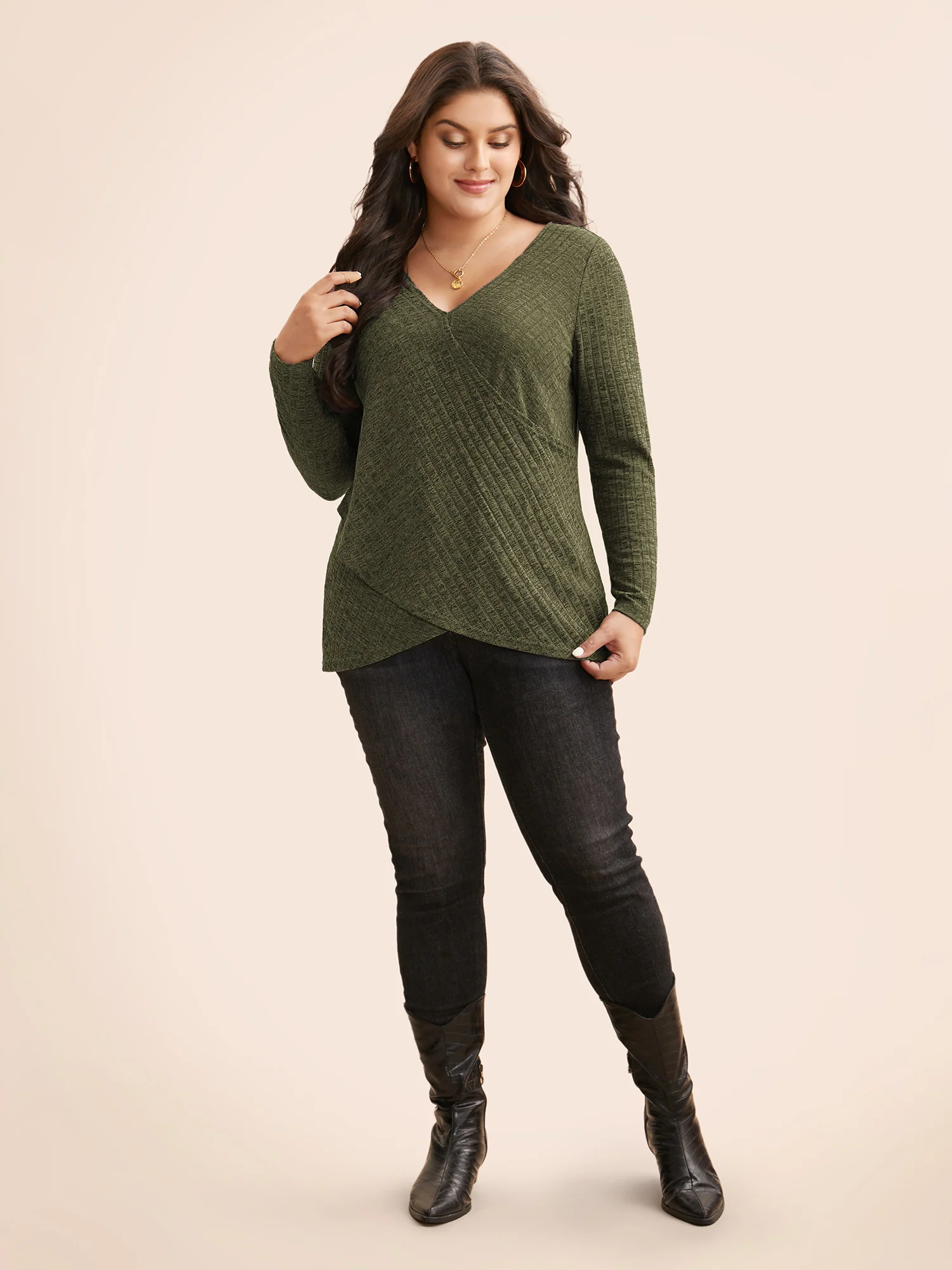 Solid Rib Knit Wrap Jersey Top - Image 3