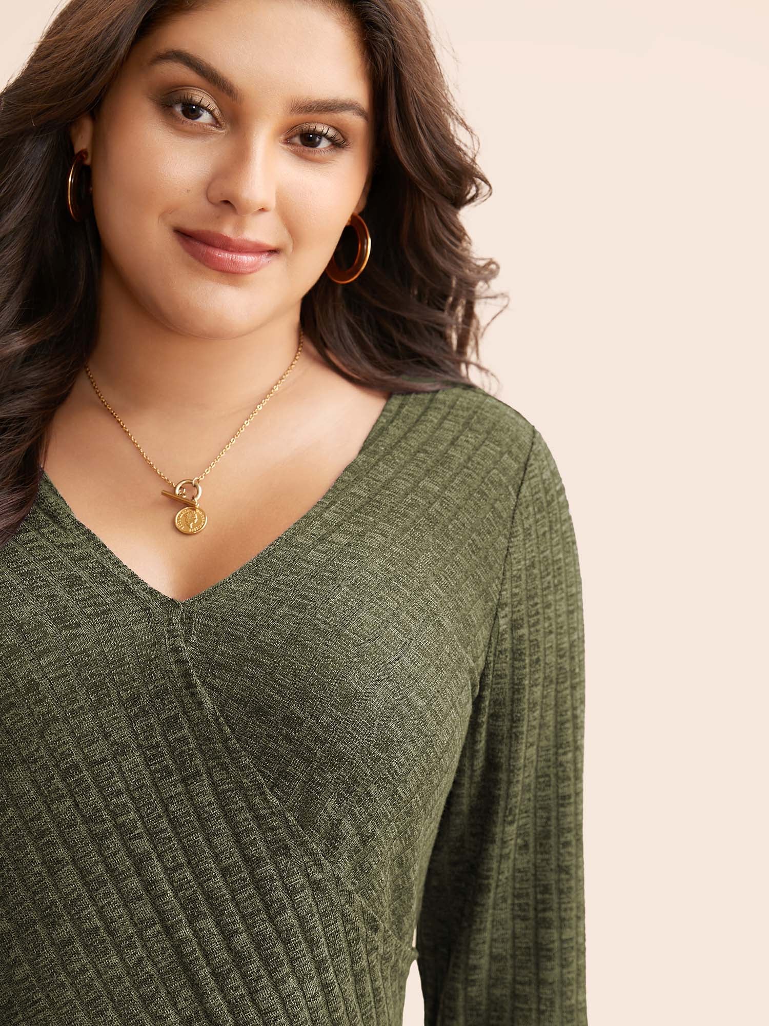 Solid Rib Knit Wrap Jersey Top - Image 4