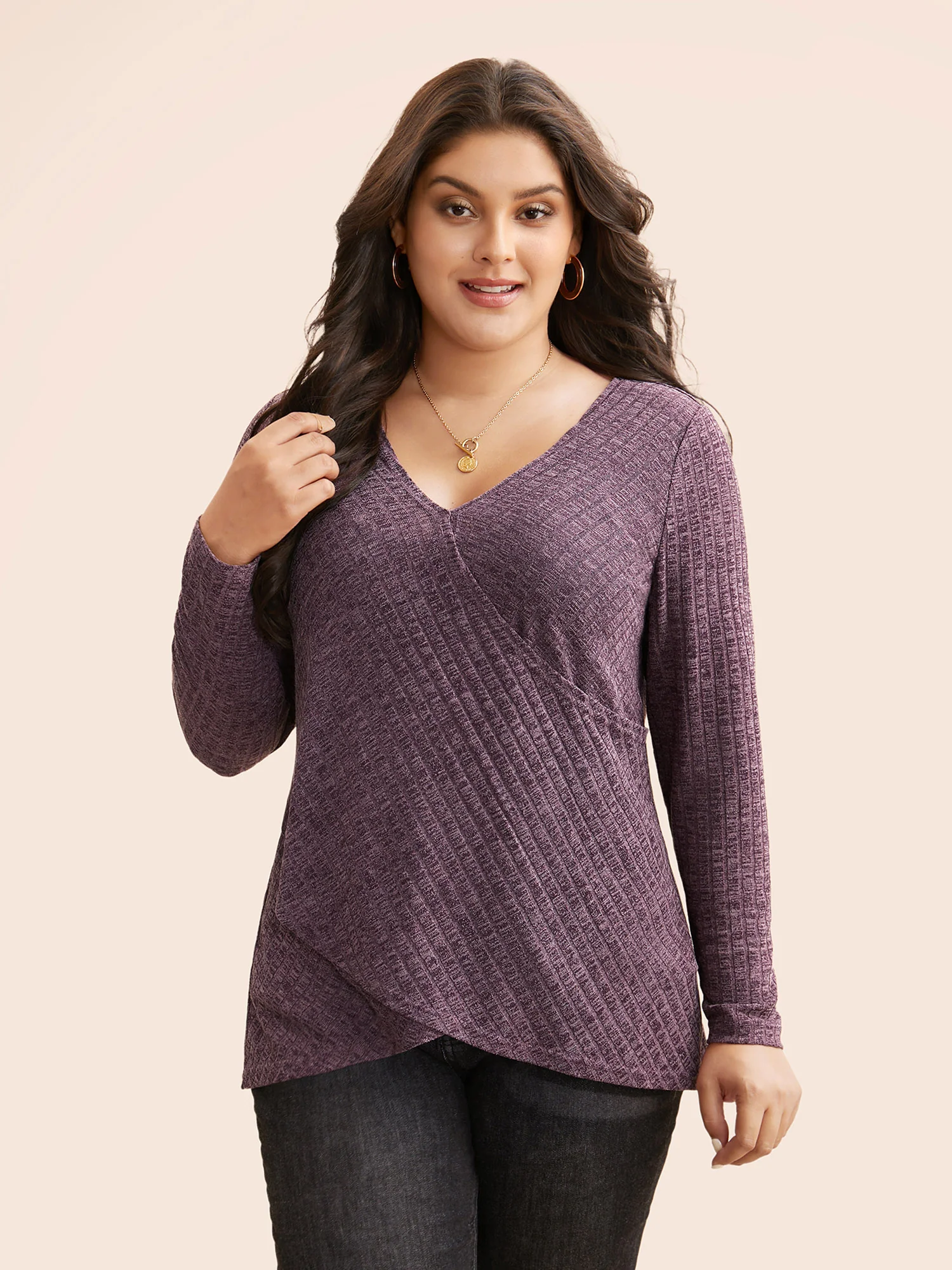 Solid Rib Knit Wrap Jersey Top - Image 5