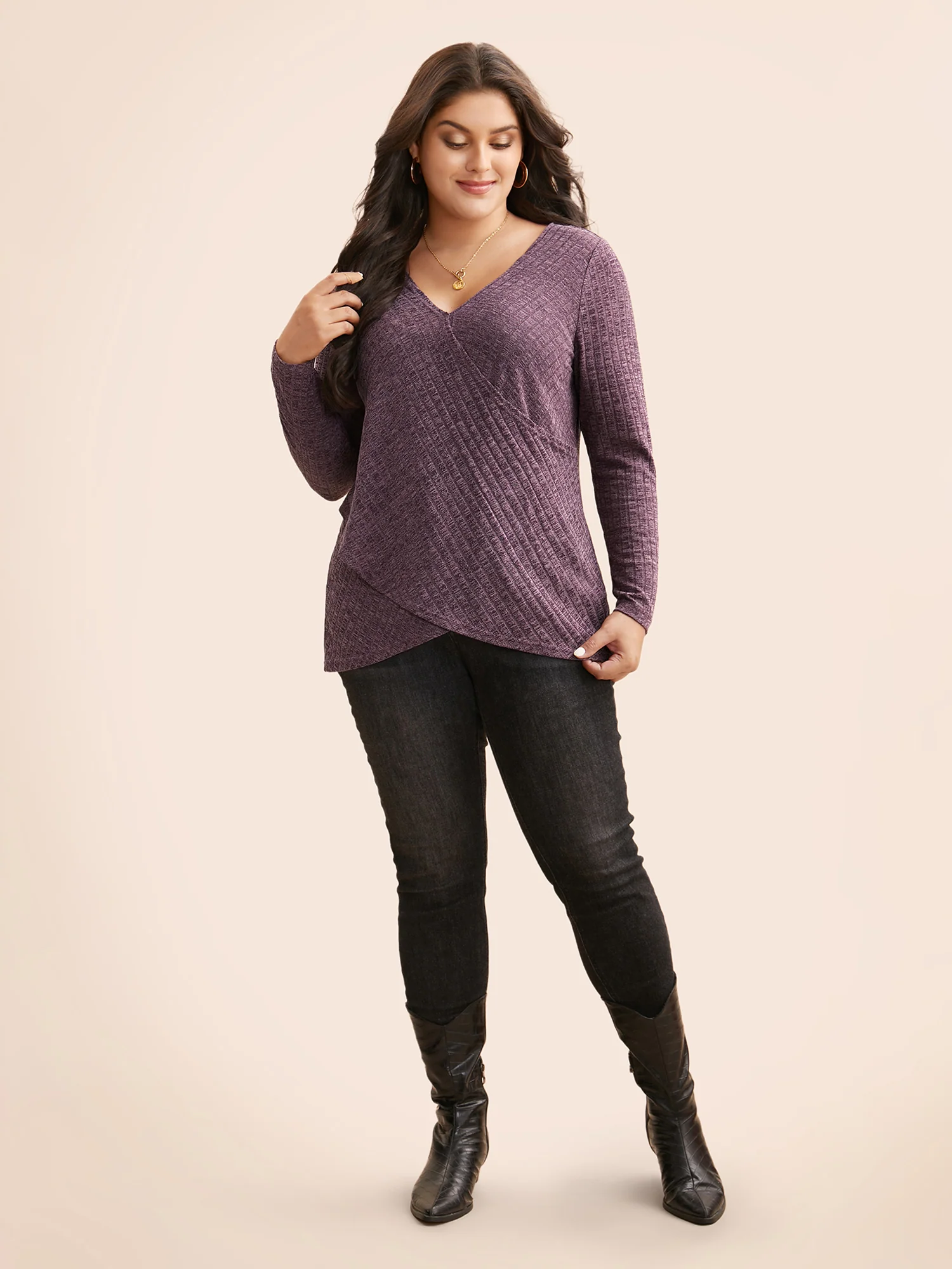 Solid Rib Knit Wrap Jersey Top - Image 7