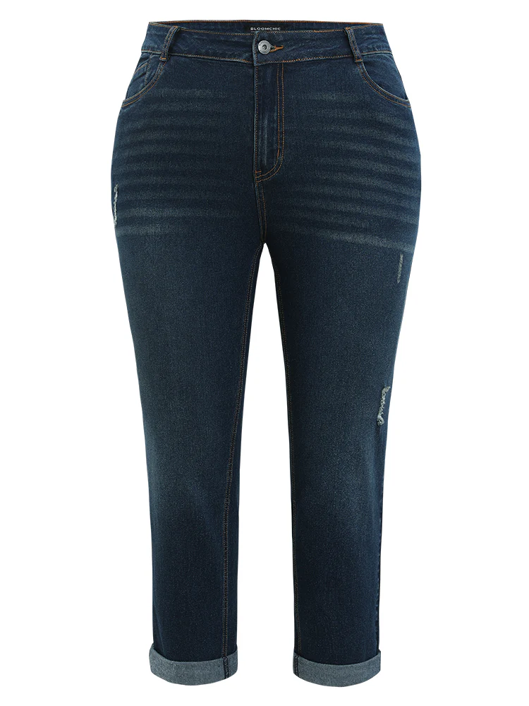 Solid Ripped Pocket Roll Hem Jeans - Image 10