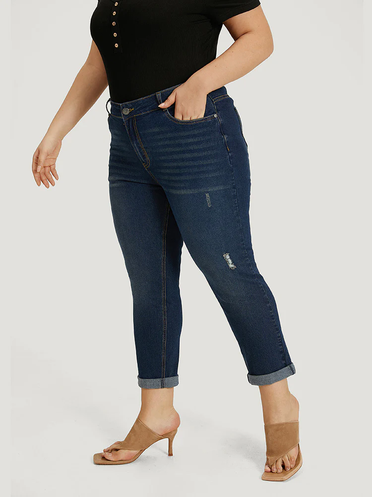Solid Ripped Pocket Roll Hem Jeans - Image 5