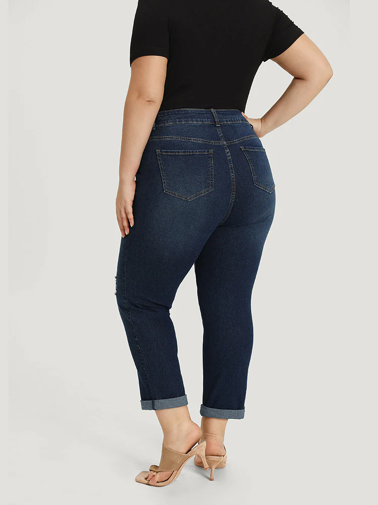 Solid Ripped Pocket Roll Hem Jeans - Image 6