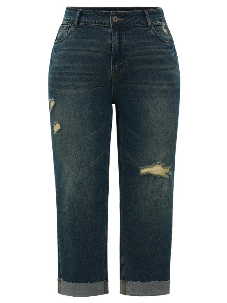 Solid Ripped Roll Hem Pocket Straight Leg Jeans - Image 11