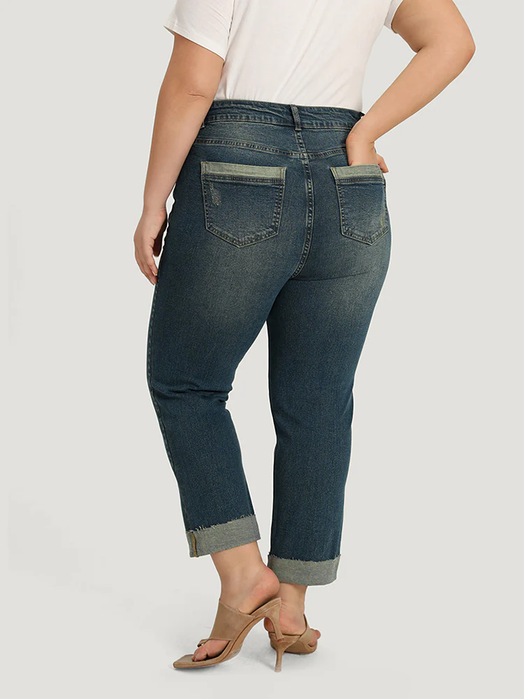 Solid Ripped Roll Hem Pocket Straight Leg Jeans - Image 2