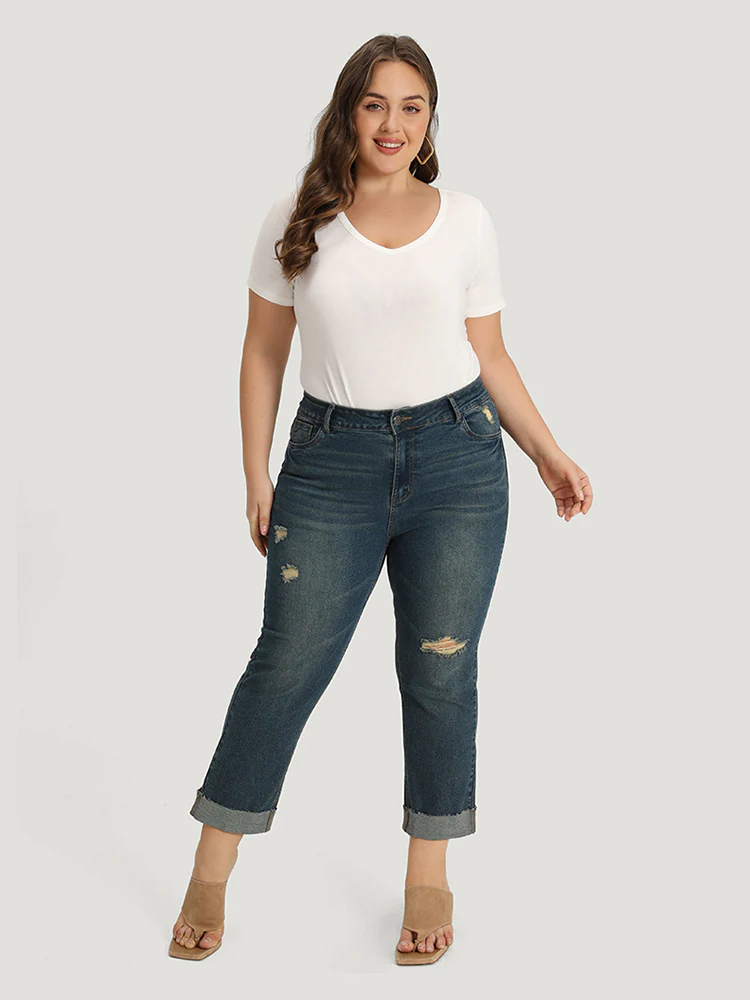 Solid Ripped Roll Hem Pocket Straight Leg Jeans - Image 3