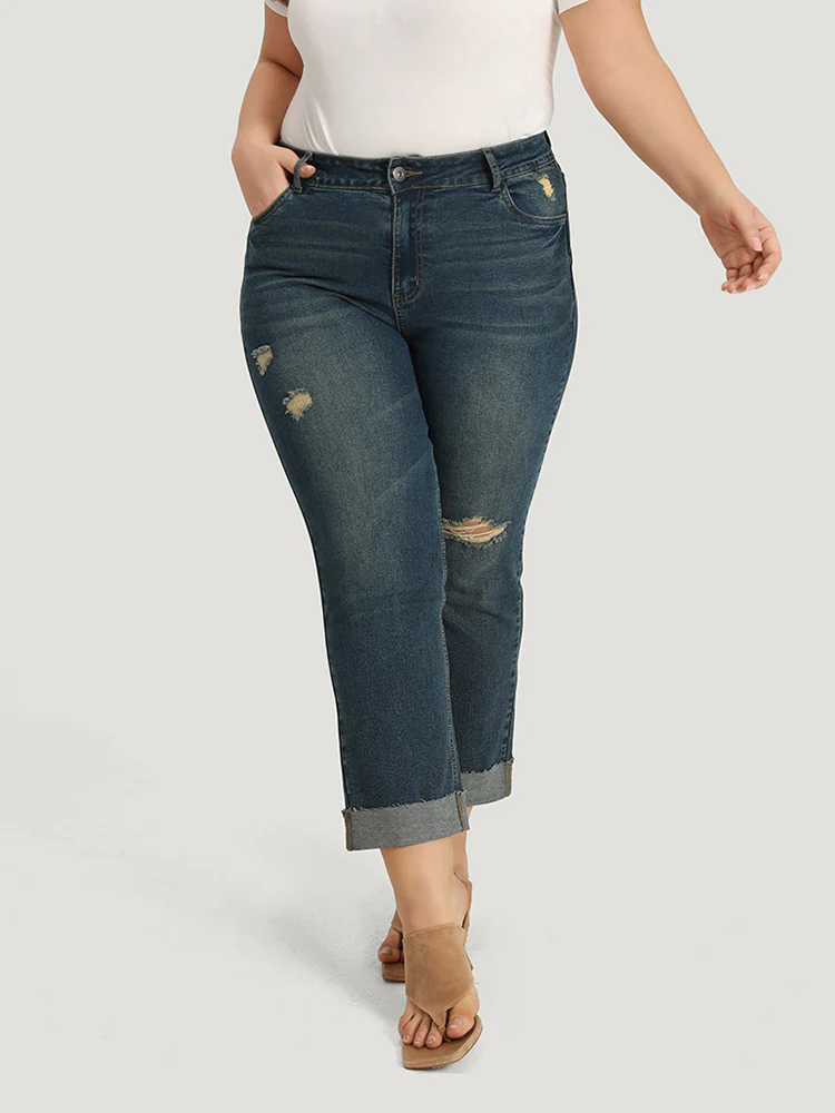 Solid Ripped Roll Hem Pocket Straight Leg Jeans - Image 4