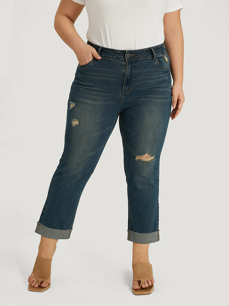 Solid Ripped Roll Hem Pocket Straight Leg Jeans - Image 5
