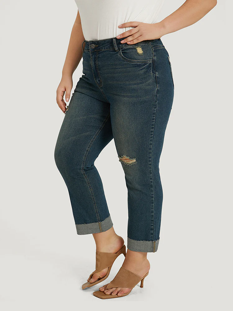 Solid Ripped Roll Hem Pocket Straight Leg Jeans - Image 6