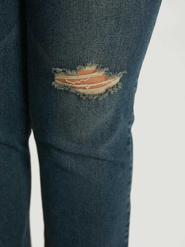 Solid Ripped Roll Hem Pocket Straight Leg Jeans - Image 9