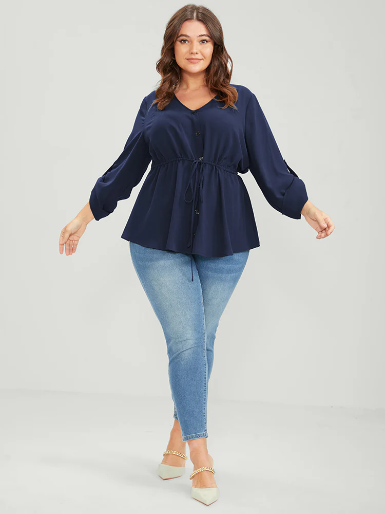 Solid Roll Sleeve Button Down Drawstring Blouse - Image 2