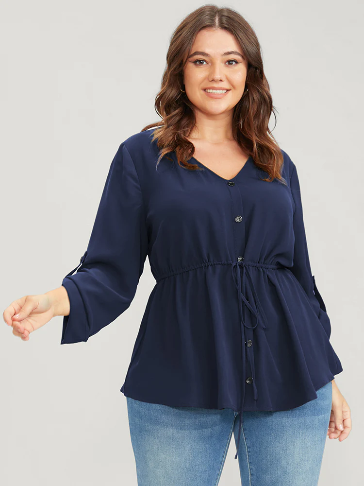Solid Roll Sleeve Button Down Drawstring Blouse - Image 3