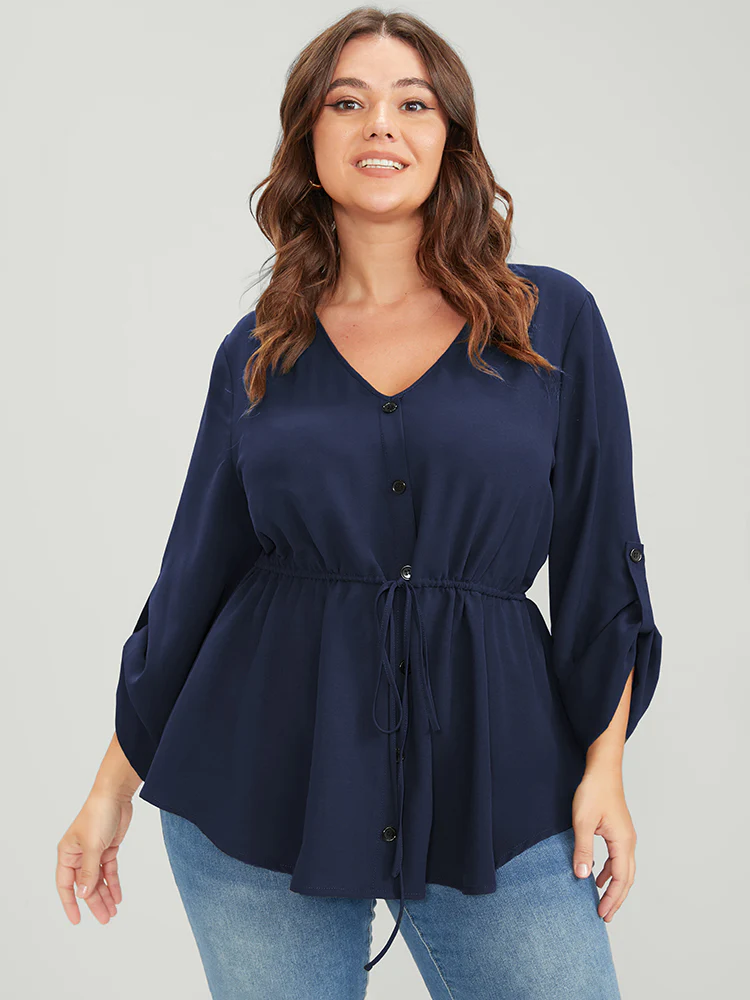 Solid Roll Sleeve Button Down Drawstring Blouse - Image 4