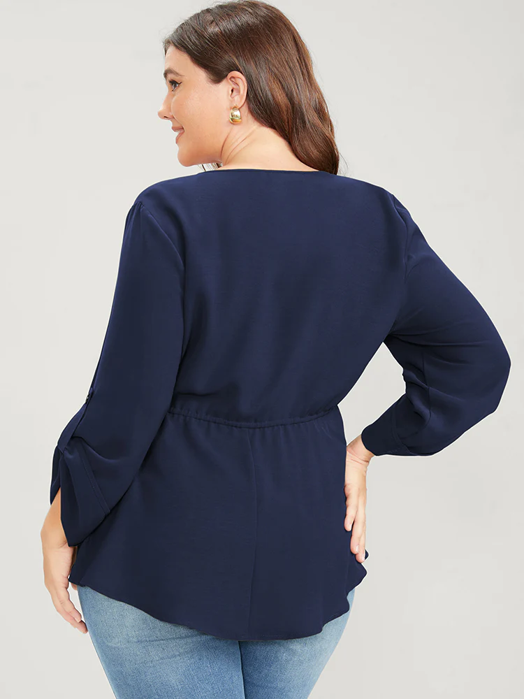 Solid Roll Sleeve Button Down Drawstring Blouse - Image 5