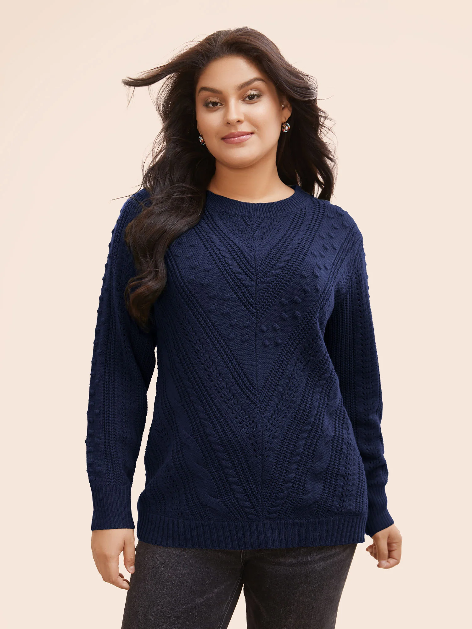 Solid Round Neck Cable Knit Pullover - Image 11