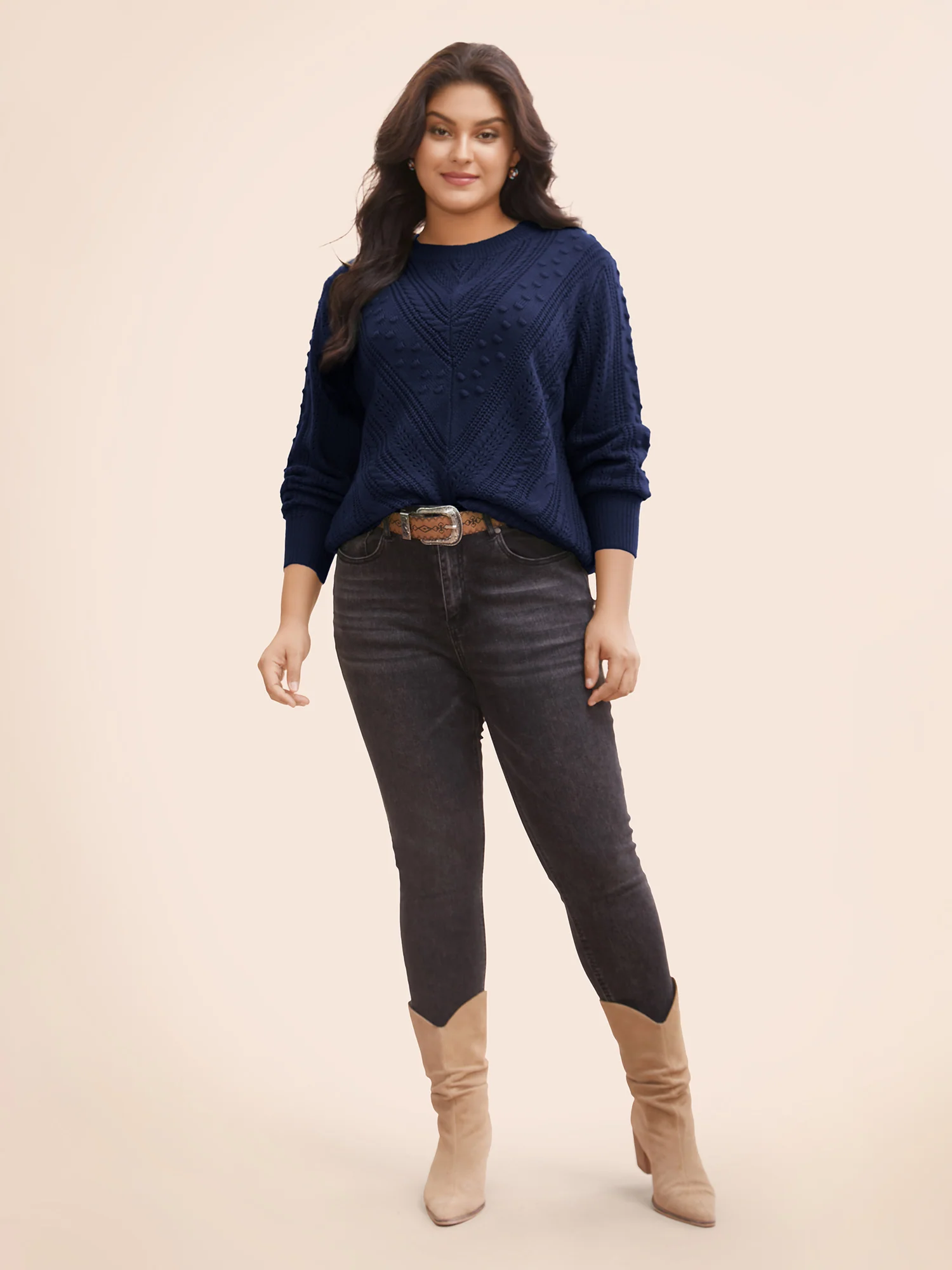 Solid Round Neck Cable Knit Pullover - Image 12