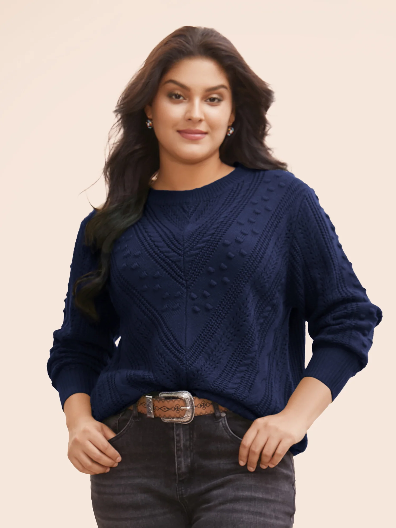 Solid Round Neck Cable Knit Pullover - Image 9