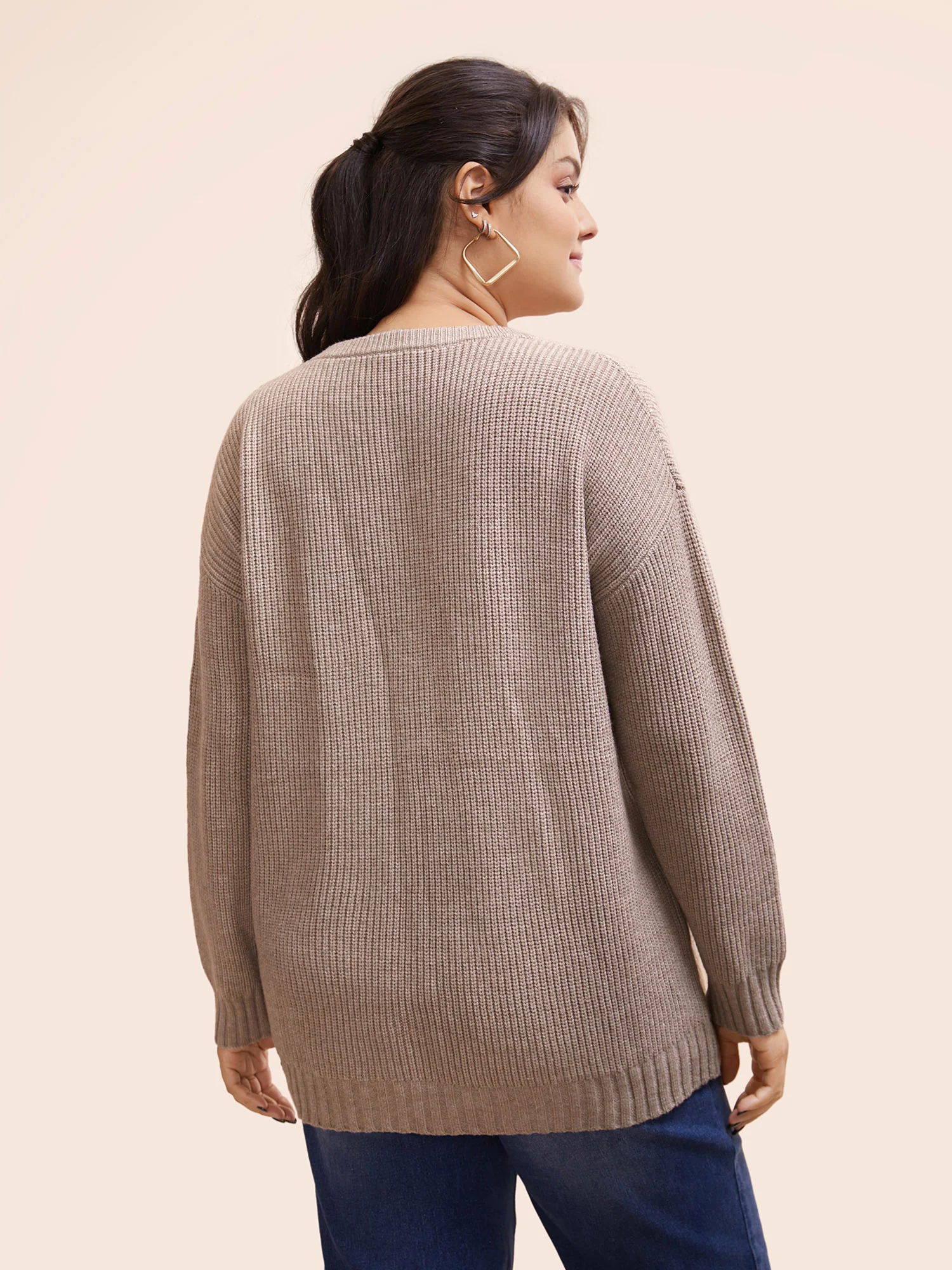 Solid Round Neck Drop Shoulder Pullover - Image 2