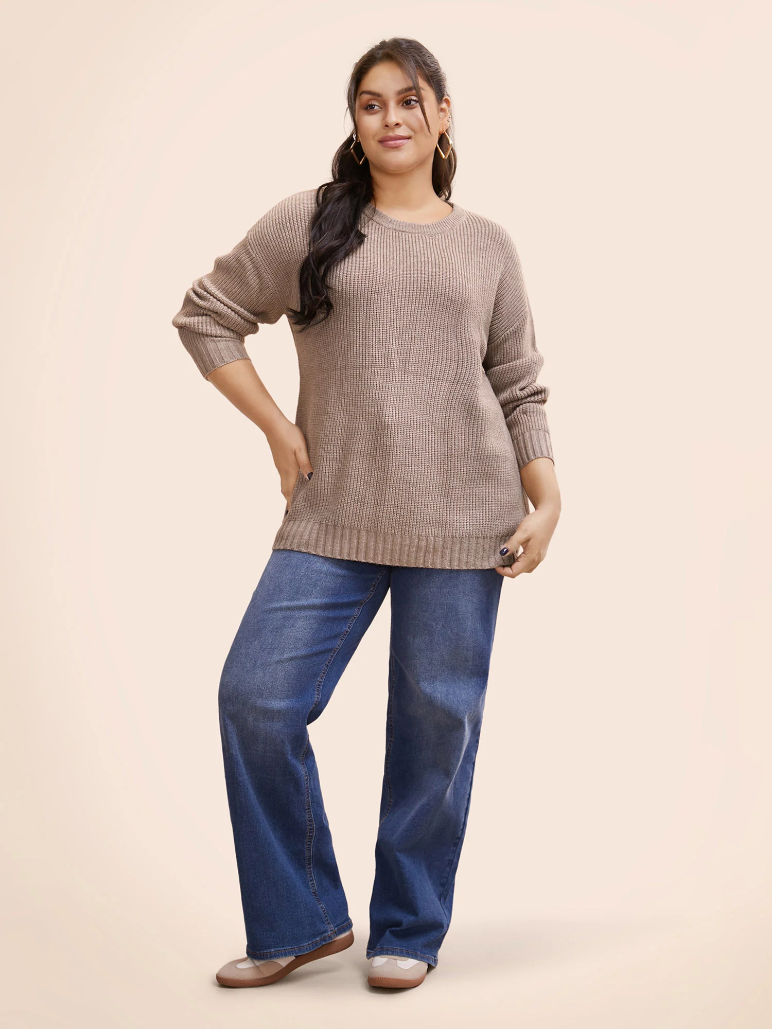 Solid Round Neck Drop Shoulder Pullover - Image 3